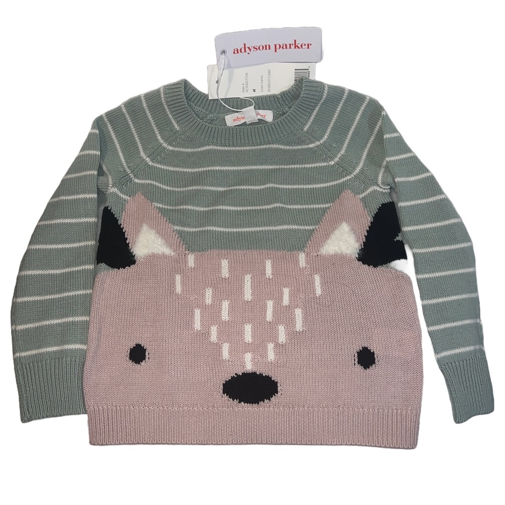Adyson Parker Mint Green & White Striped with Pink Kitty  Sweater, Frozen Ice 4T